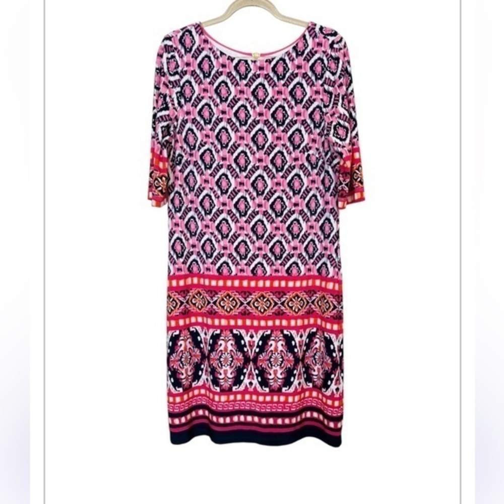 Eliza J Dress  Geometric Stretch Ikat Print Shift Crew Neck 3/4 Sleeves Size 8